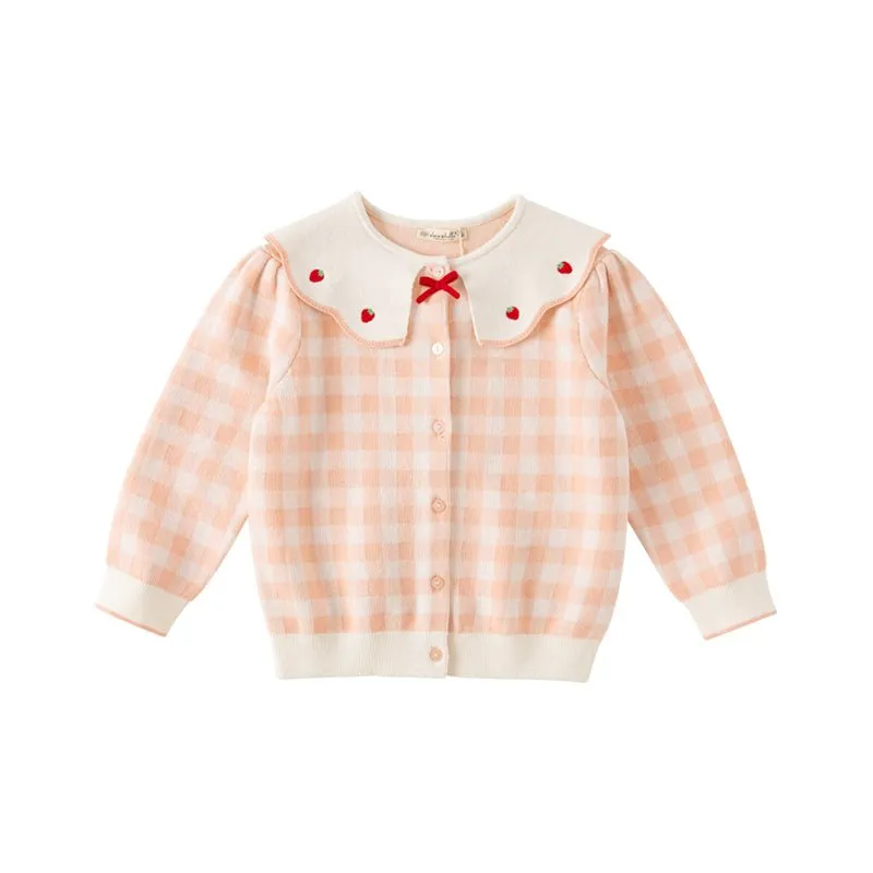 Strawberry Ribbon Girl Pink Plaid Knitted Cardigan