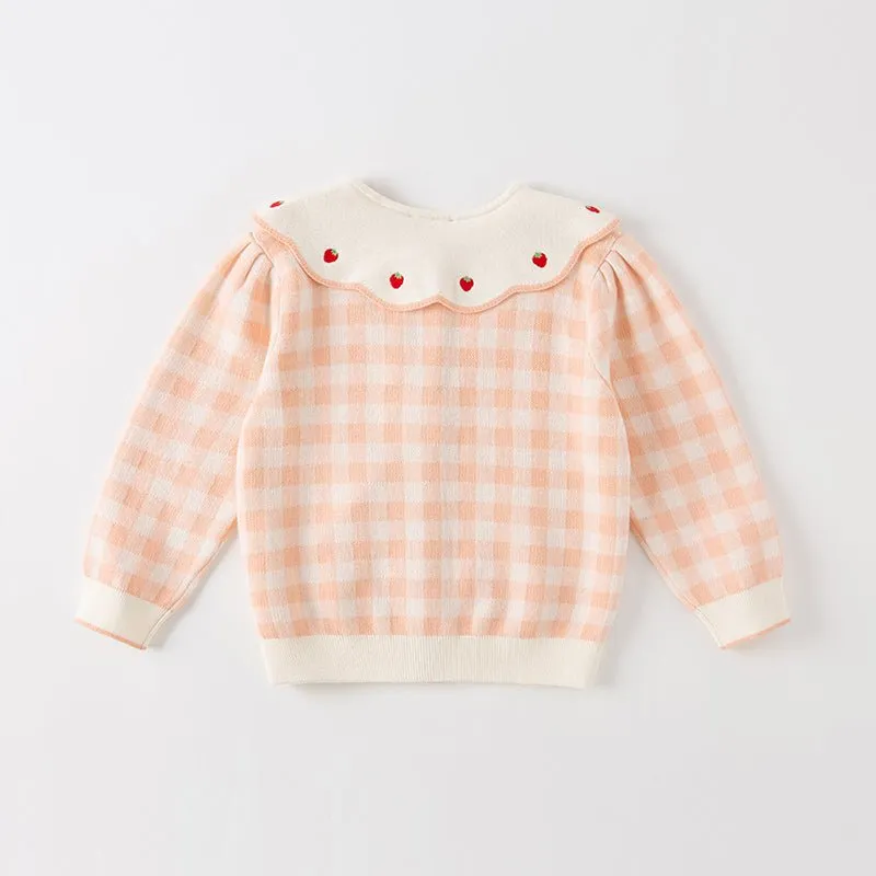 Strawberry Ribbon Girl Pink Plaid Knitted Cardigan