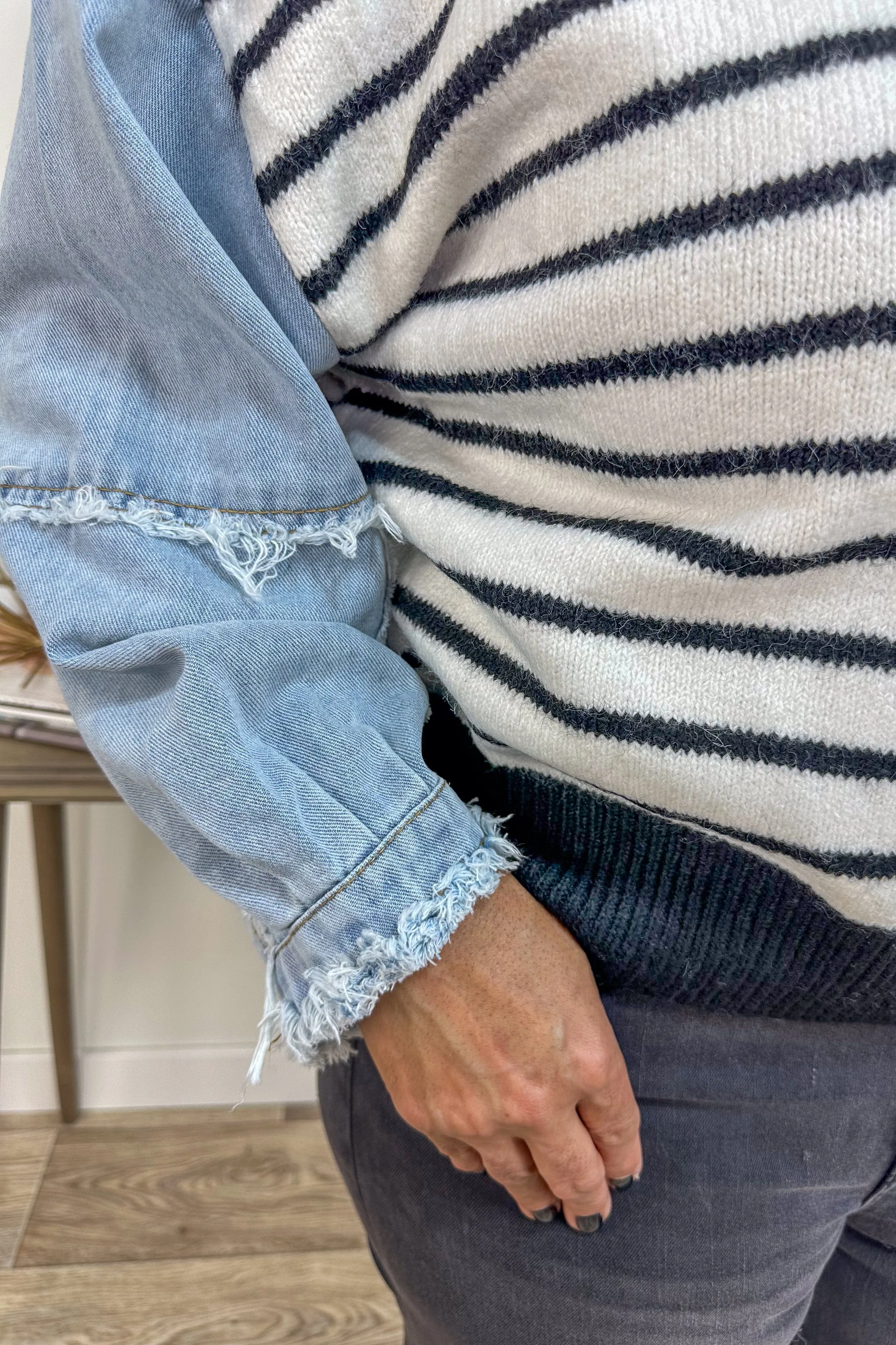 Striped Top with Denim Sleeves