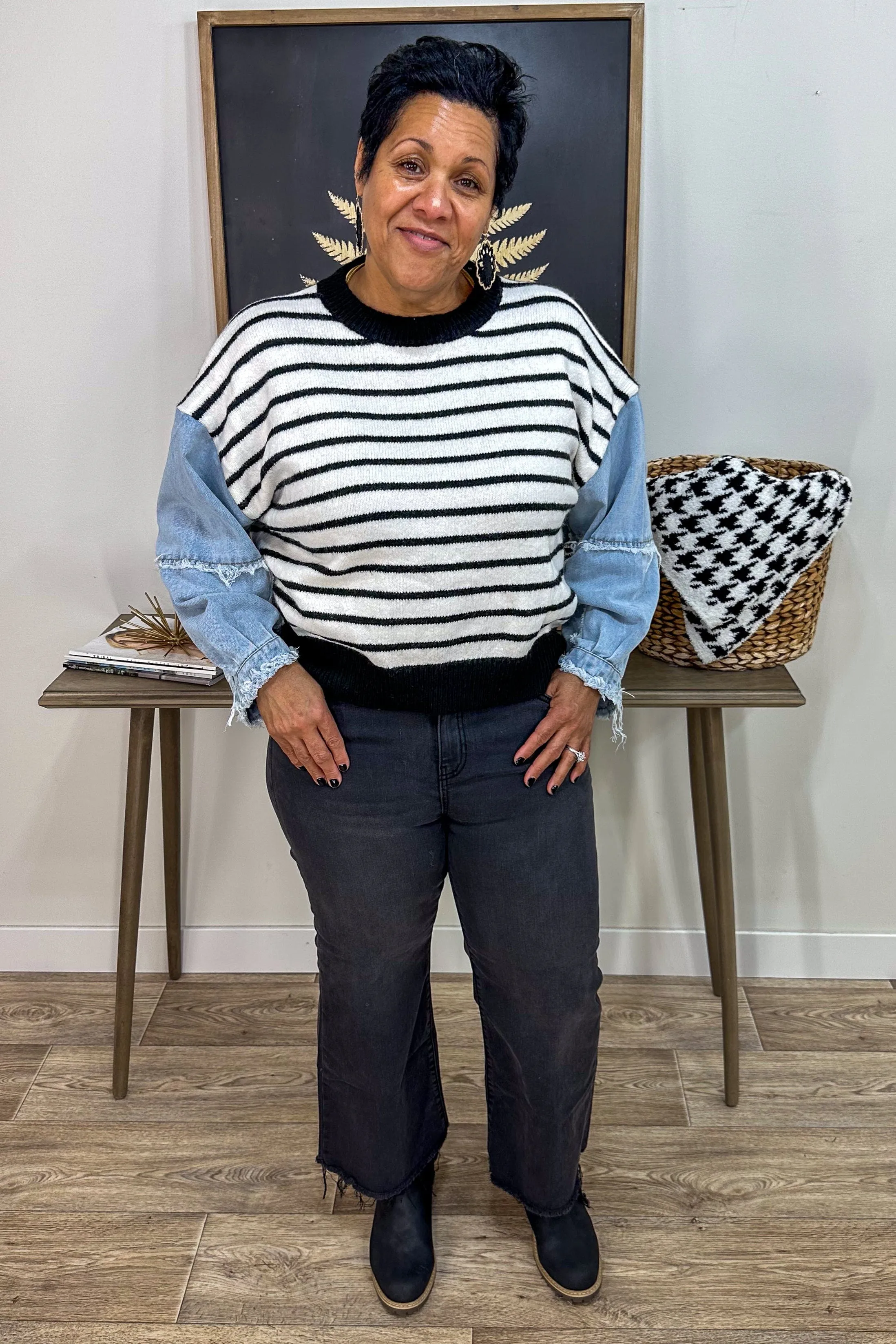 Striped Top with Denim Sleeves