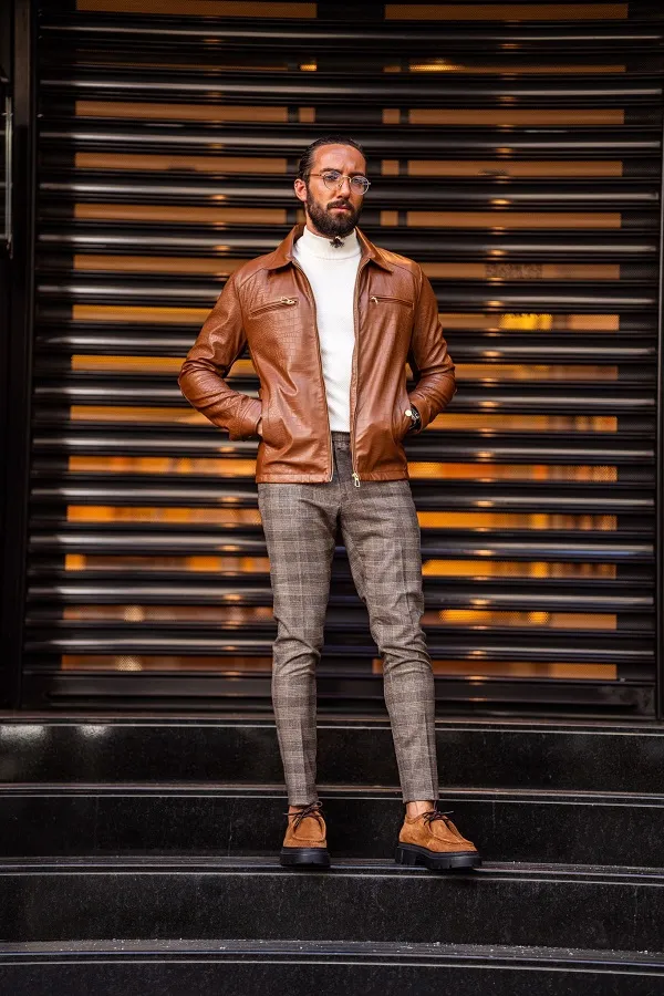 Tan Slim Fit Zipper Leather Jacket by gentwith