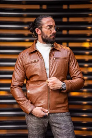 Tan Slim Fit Zipper Leather Jacket by gentwith