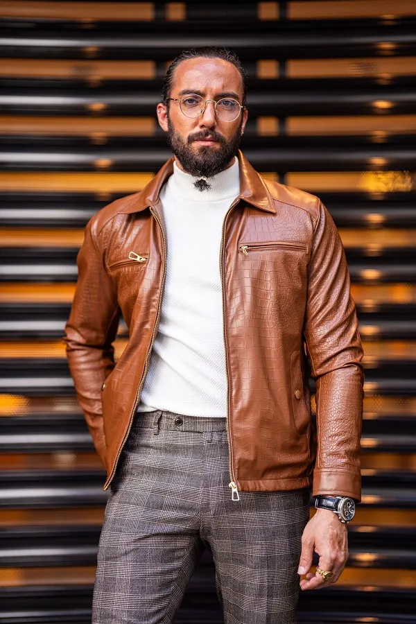 Tan Slim Fit Zipper Leather Jacket by gentwith