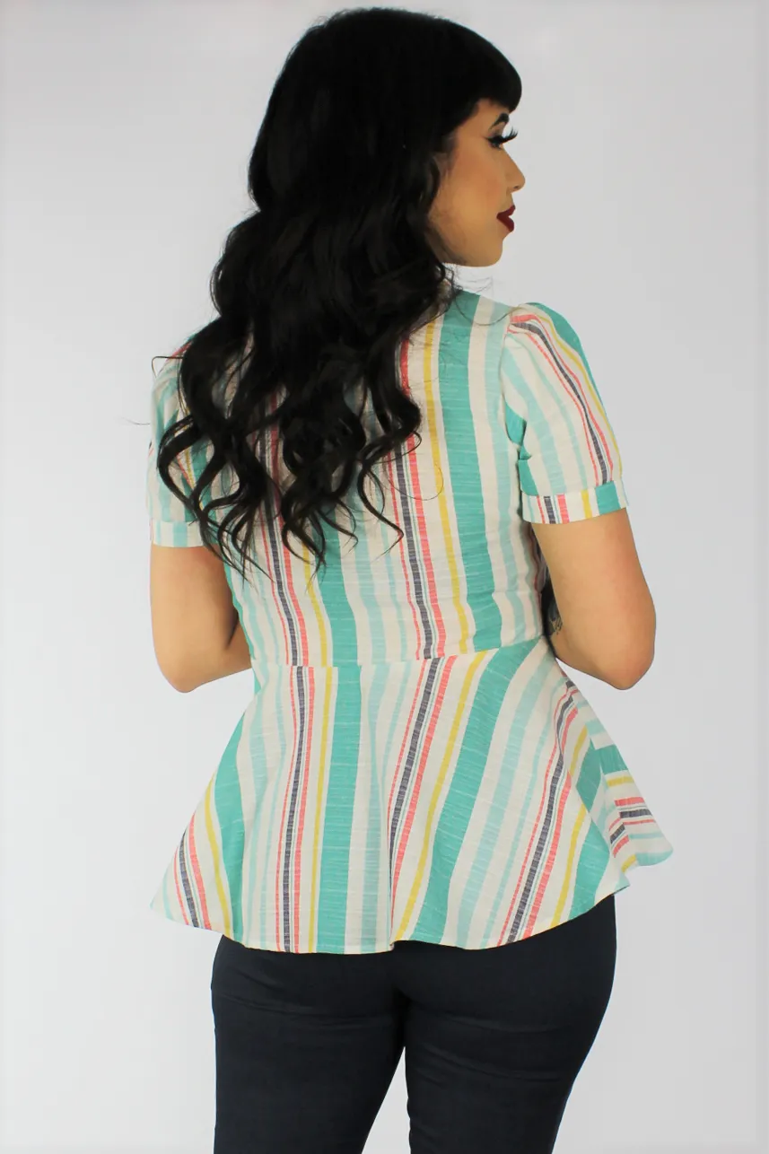 Teal Striped Peplum Top / Maternity Ribbon Belt Top XS-3XL #SPT