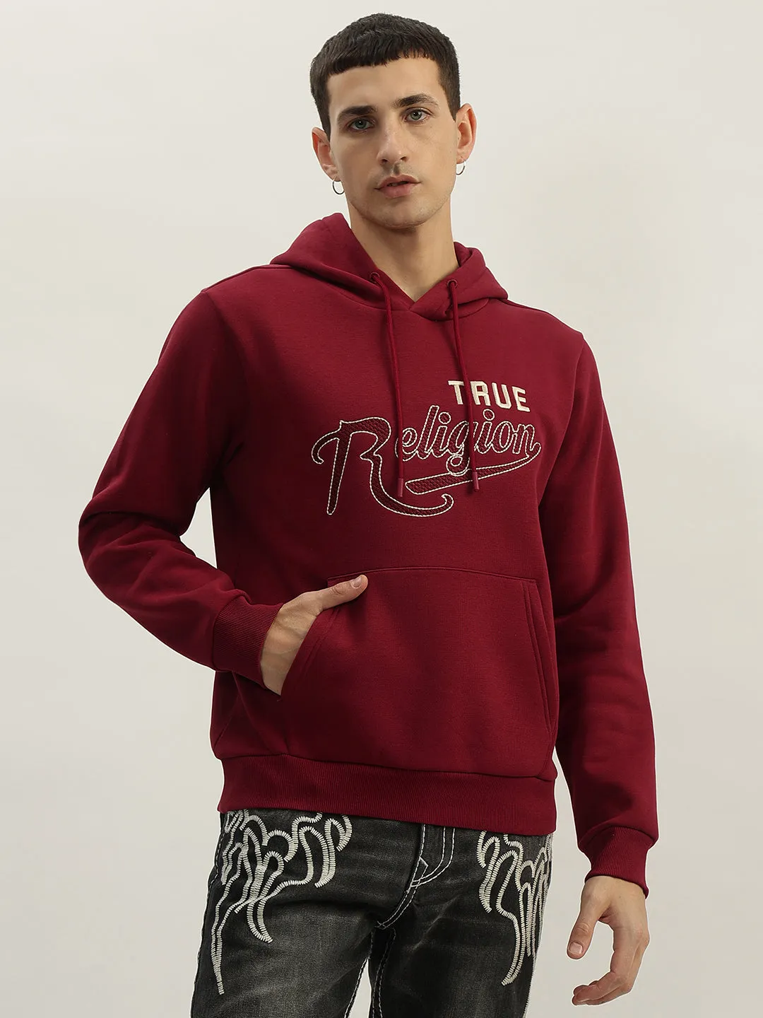 True Religion Men Red Embroidered Hooded Full Sleeves Sweatshirt