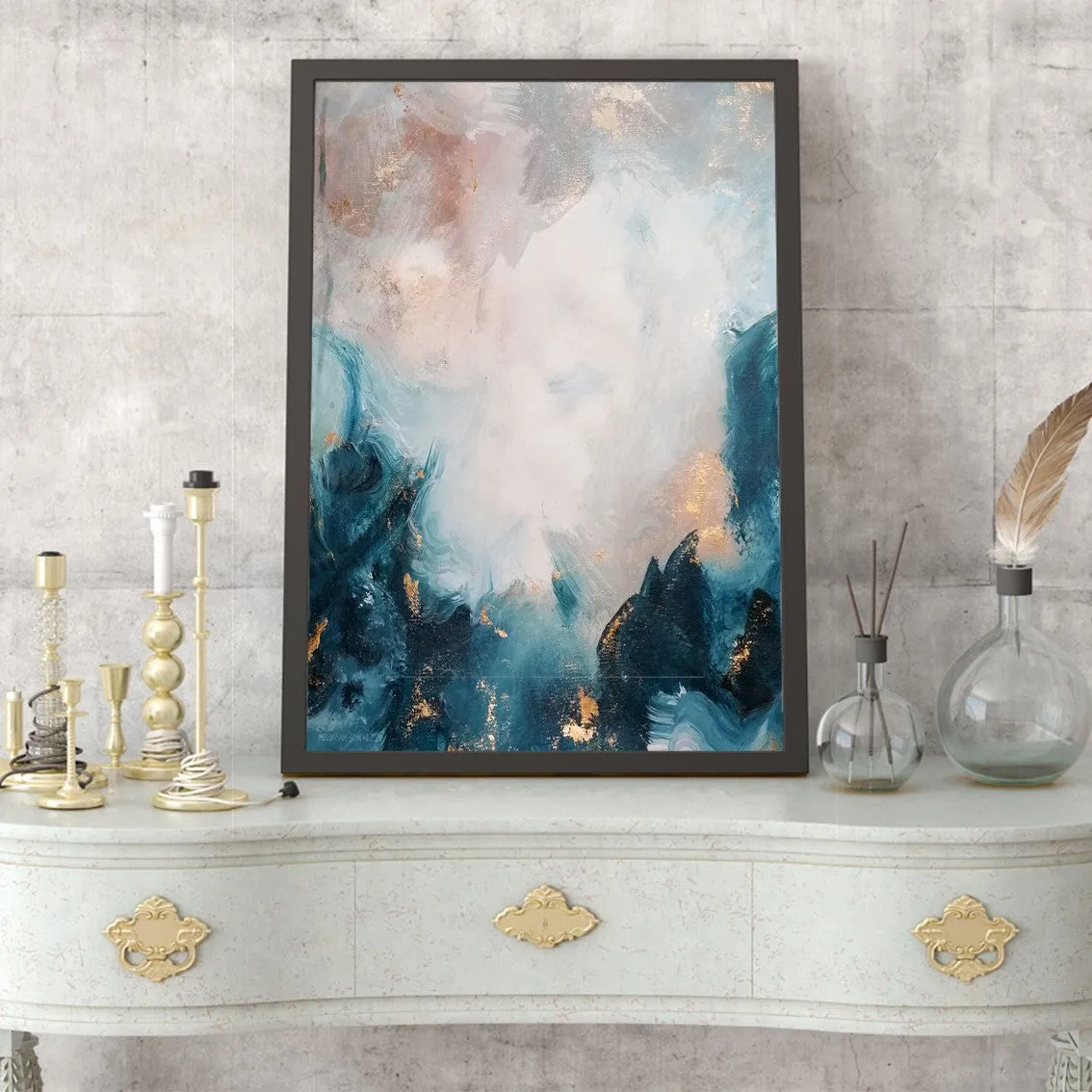 Vertical blue & gold abstract wall art print