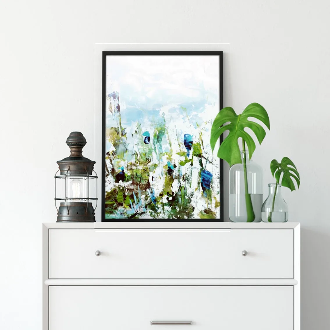 Vertical blue & green abstract floral wall art print