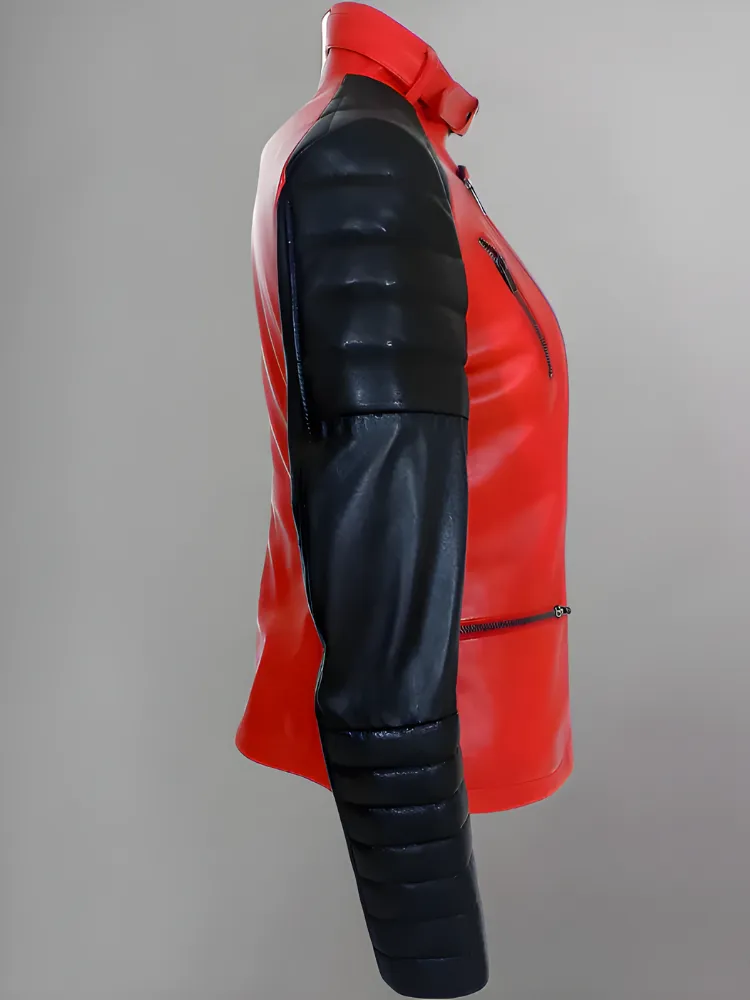 Women Red Genuine Leather Jacket With Black Diamond