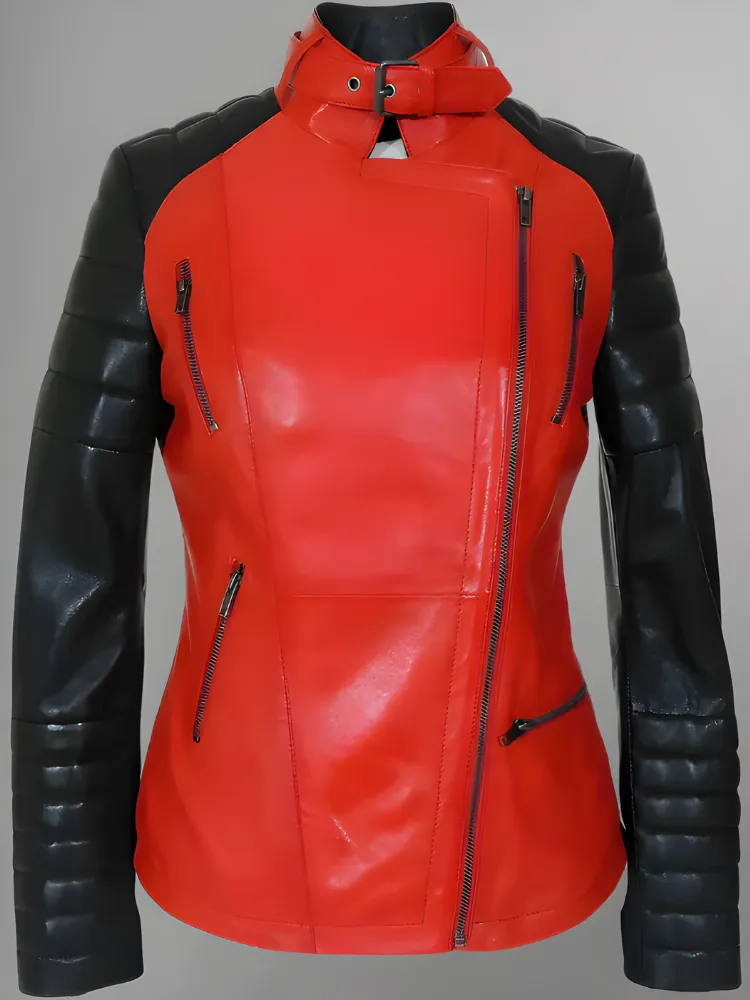 Women Red Genuine Leather Jacket With Black Diamond