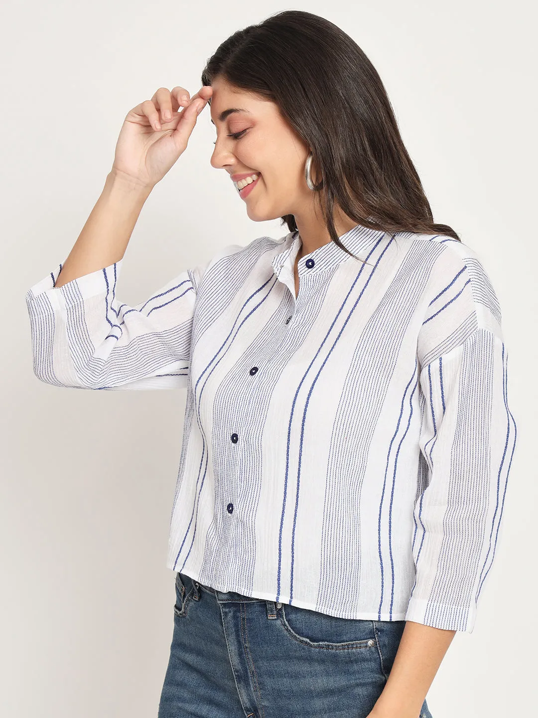 Women's Blue Striped Mandarin Collar Shirt Style Top