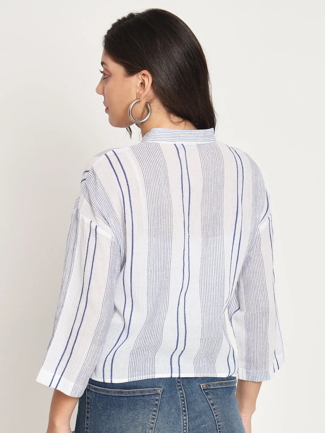 Women's Blue Striped Mandarin Collar Shirt Style Top