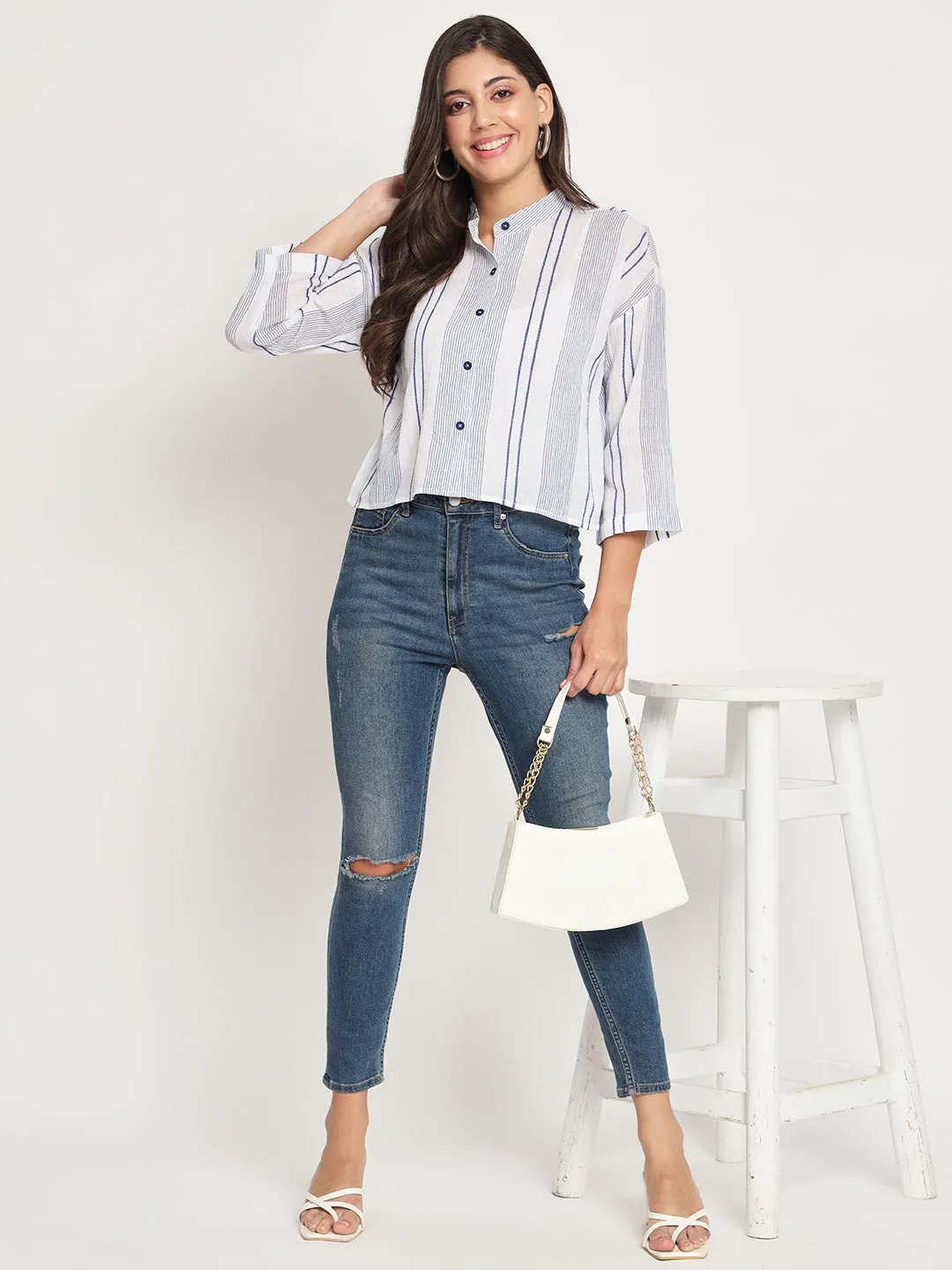 Women's Blue Striped Mandarin Collar Shirt Style Top