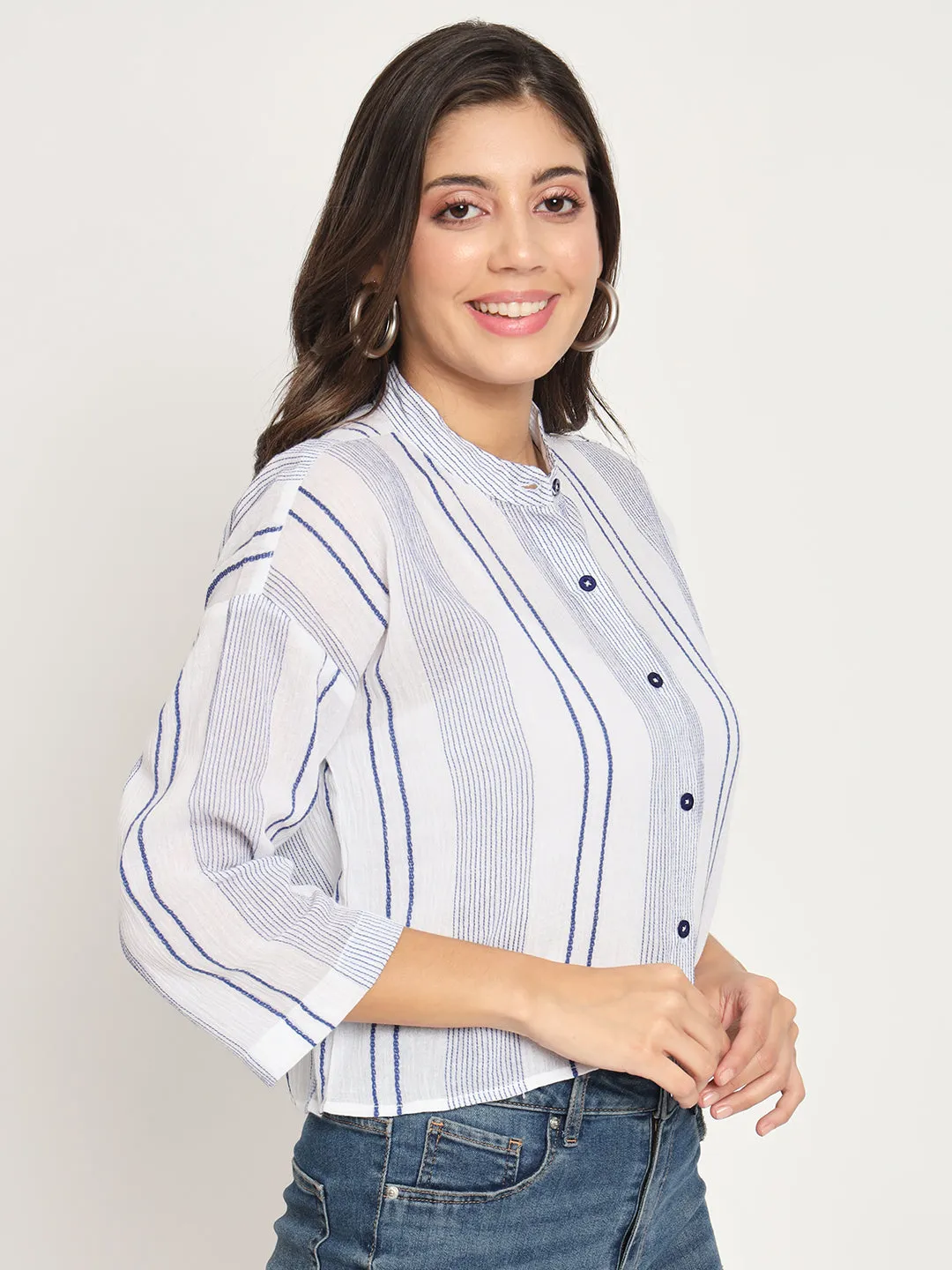 Women's Blue Striped Mandarin Collar Shirt Style Top