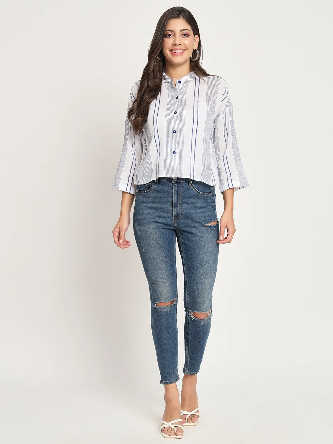 Women's Blue Striped Mandarin Collar Shirt Style Top