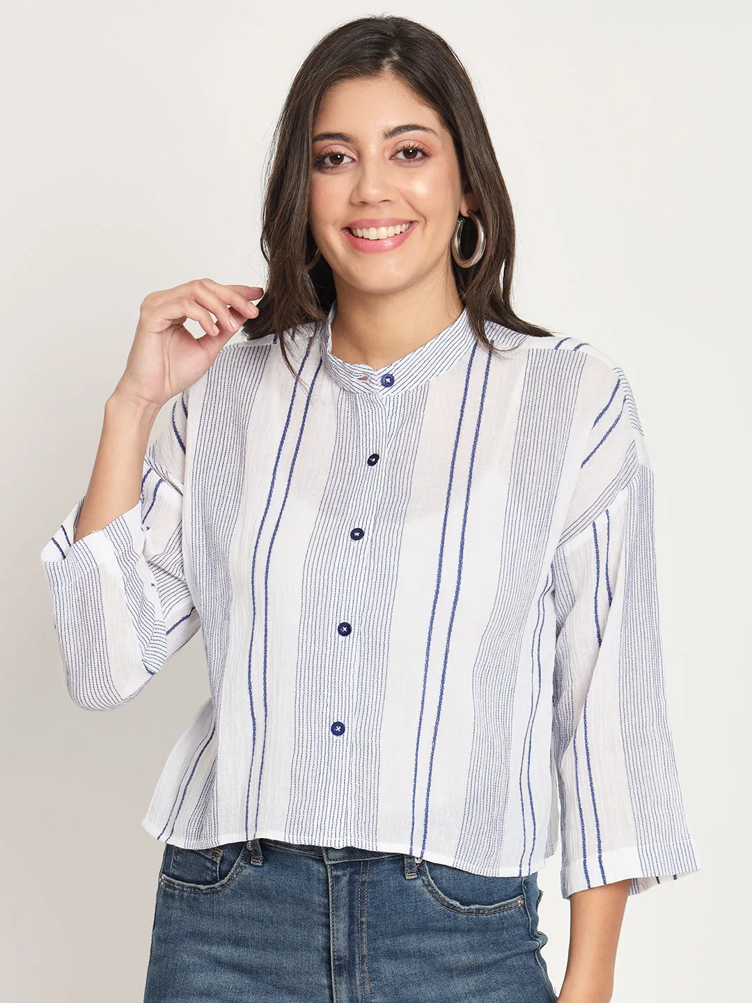 Women's Blue Striped Mandarin Collar Shirt Style Top