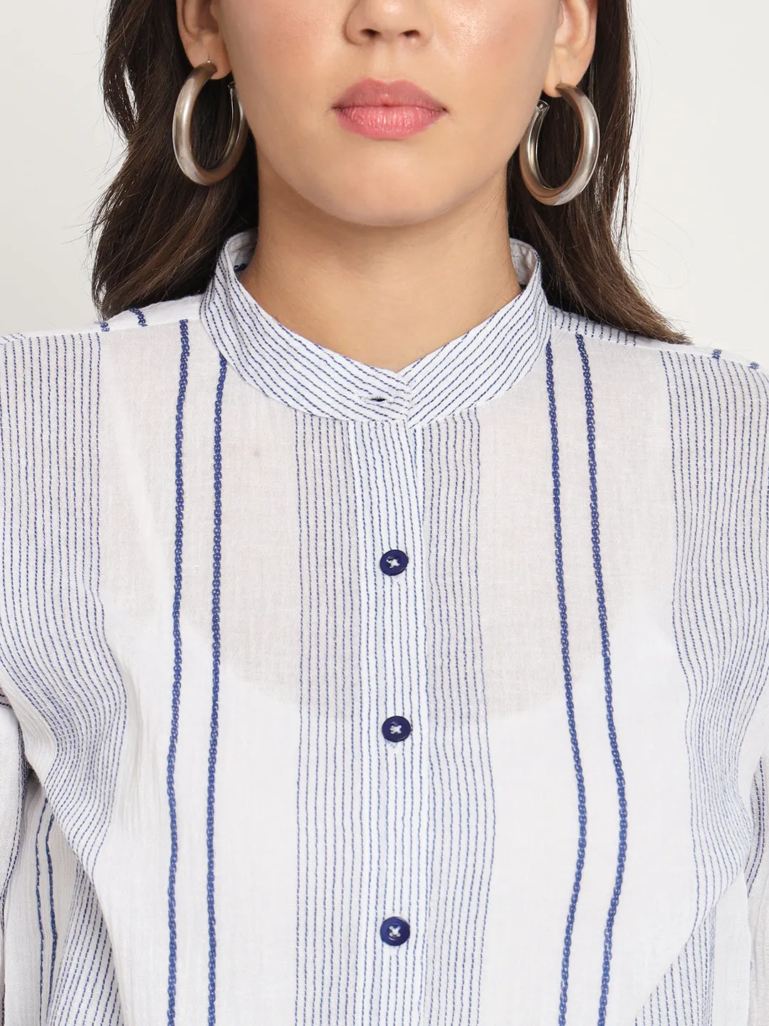 Women's Blue Striped Mandarin Collar Shirt Style Top